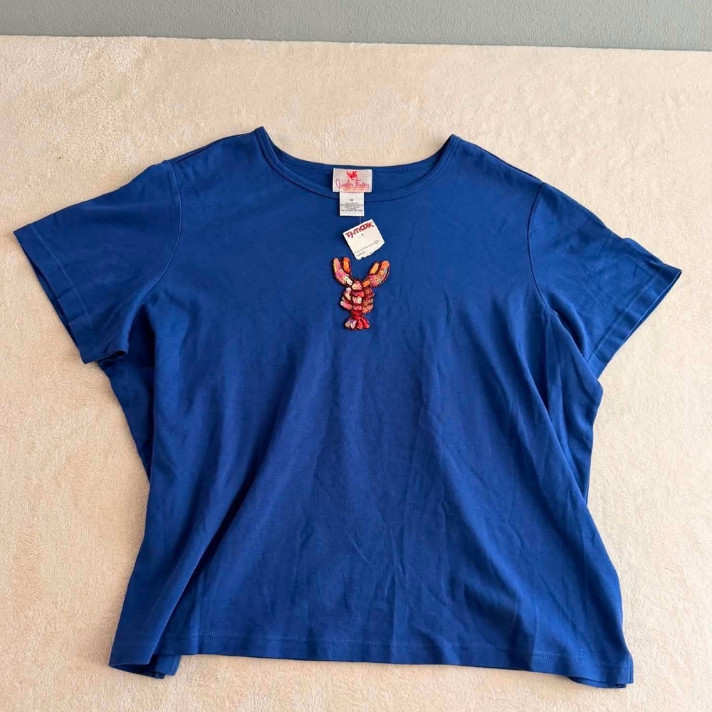 Quacker Factory Womens 3X Royal Blue Sequin Lobster Cotton Short Sleeve Top NEW
